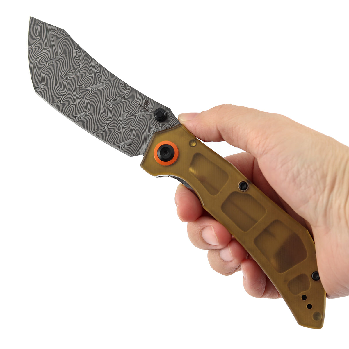 Tenable Tipper Folding Knife | 3.39'' Damascus Blade | Amber PEI/Ultem Handle | Edgy Bladeworks Design | B1079A5