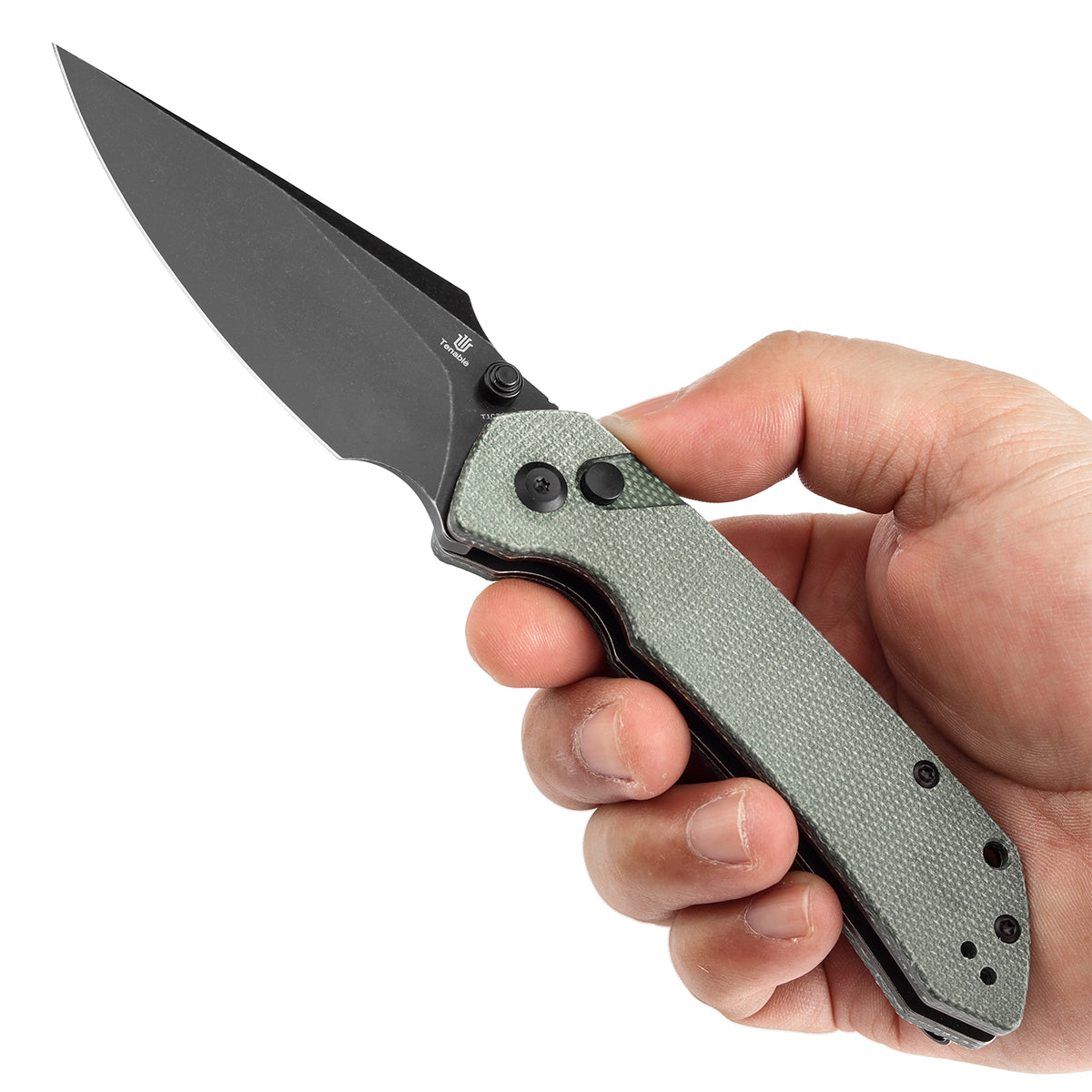 BladeHQ Exclusive Tenable Fenrir Button Lock Knife | Green Micarta | 3.45" Blackwashed 14C28N | Sparrow Knife Design|T1034F5