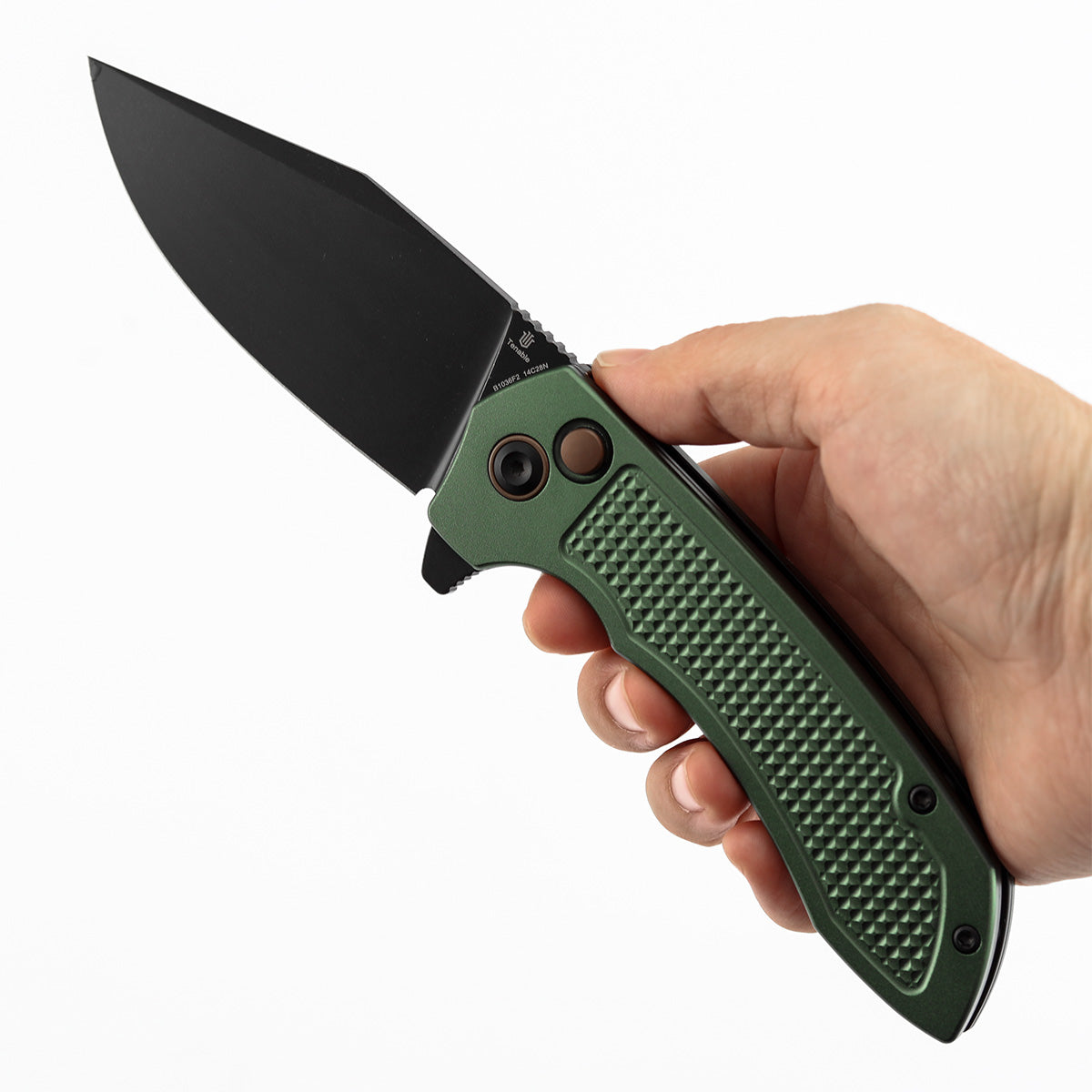 Christmas | Tenable Entity - Button Lock - 3.52'' Blackwash 14C28N - Dark Green Aluminum with Checkered Texture - Nalu Knives Design- B1036F2