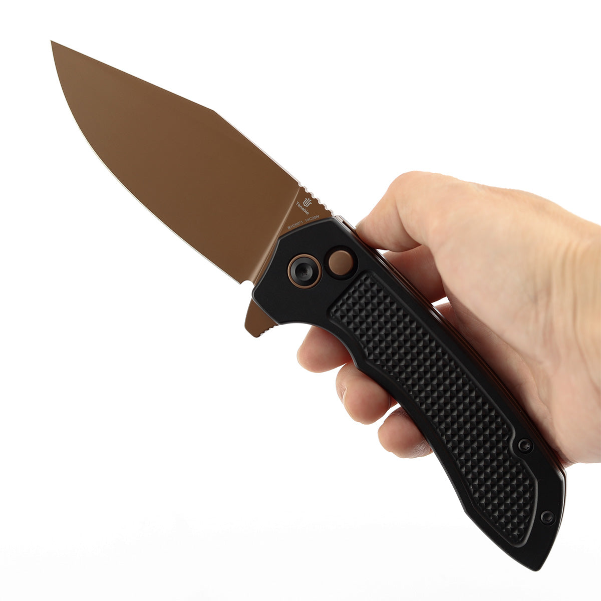 Tenable Entity - Button Lock - 3.52'' Rose Gold 14C28N -Black Aluminum with Checkered Texture - Nalu Knives Design - B1036F1