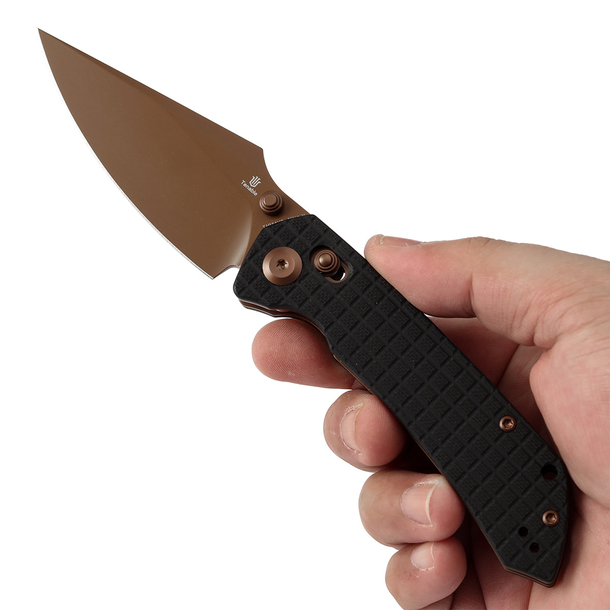 Tenable Fenrir Cross Bar Lock Folding Knife| Black G10 with Frag Pattern| 3.48" Rose Gold Coated Nitro-V Blade | Sparrow Knife Design | T1034V8