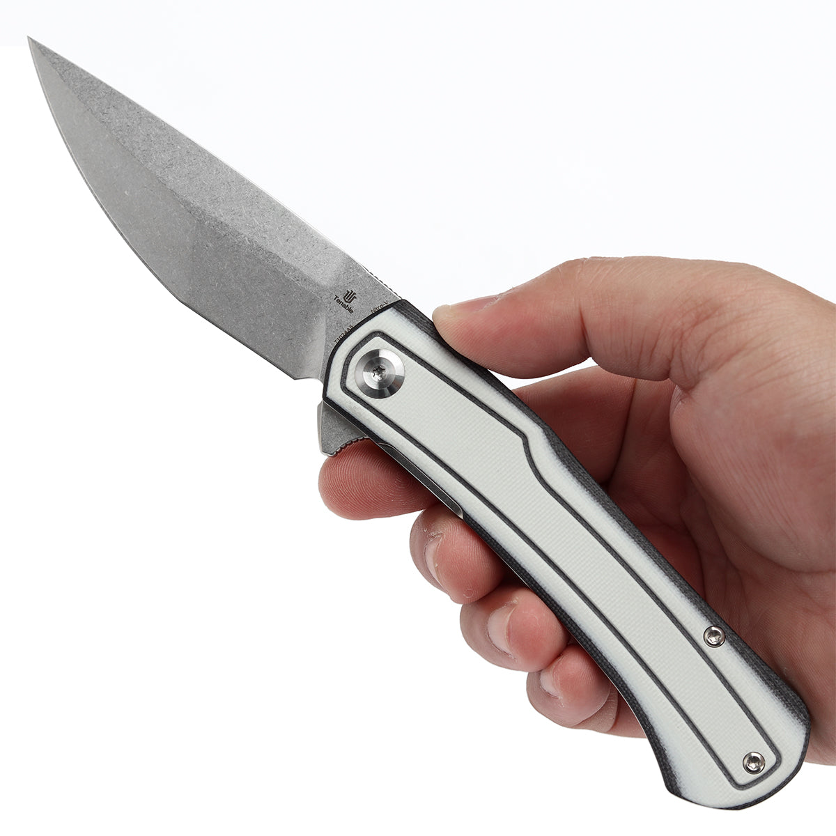 Tenable Kratos Folding Knife Black and White G10 Handle(3.79" Stonewashed Nitro-V Blade) Ostap Hel Design-T1024A5