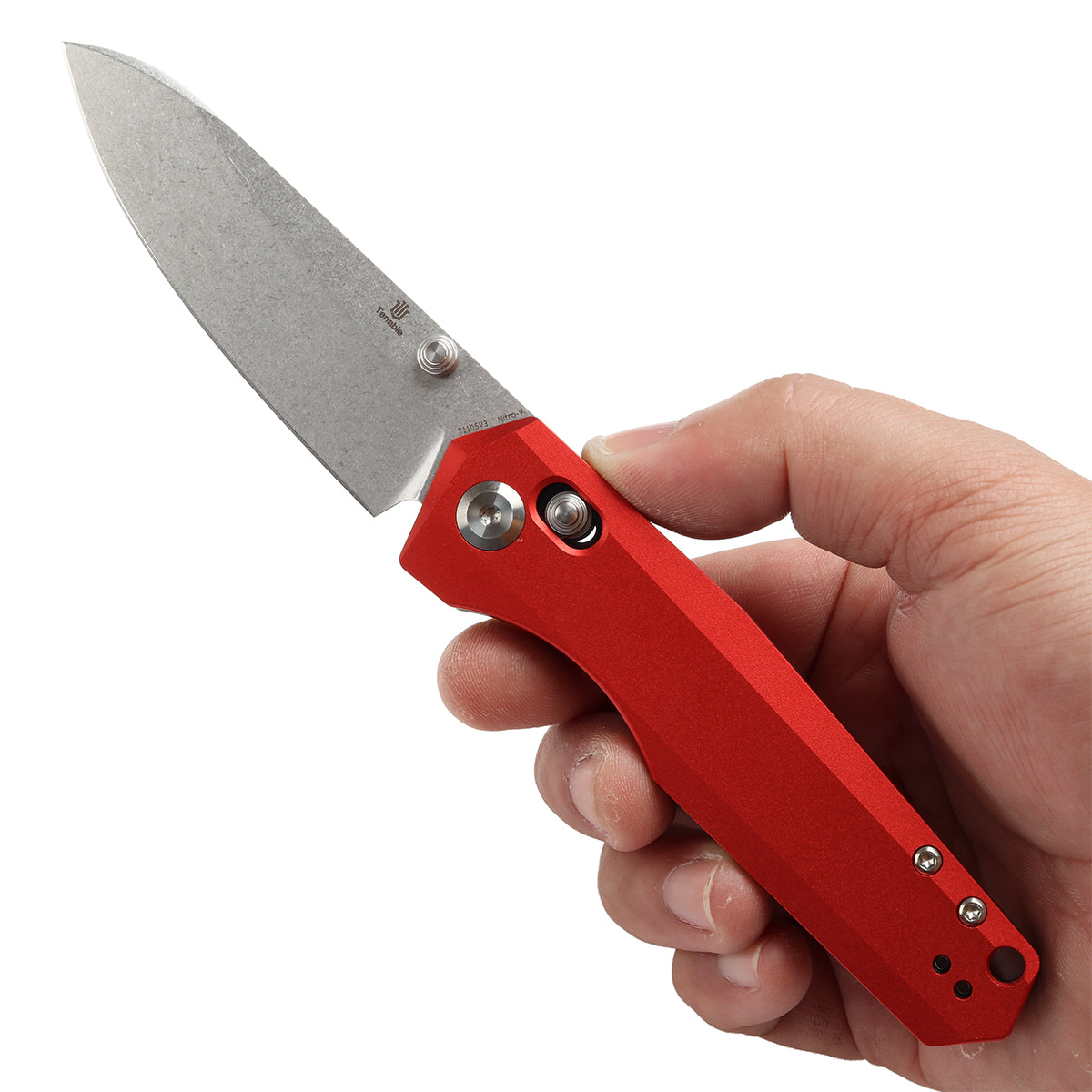 Tenable Beaver Cross Bar Lock Folding Knife Dark Red Anodized Aluminum Handle (3.44'' Stonewashed Nitro-V Blade) Kim Ning Design-T1105V3