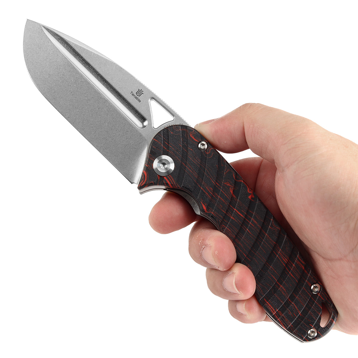 Pre-order: Ships on the Nov. 21st - Tenable Bömbur Folding Knife Black and Red G-mascus Handle (3.53'' Stonewashed D2 Blade) Midgards Messer Design--T1054C1