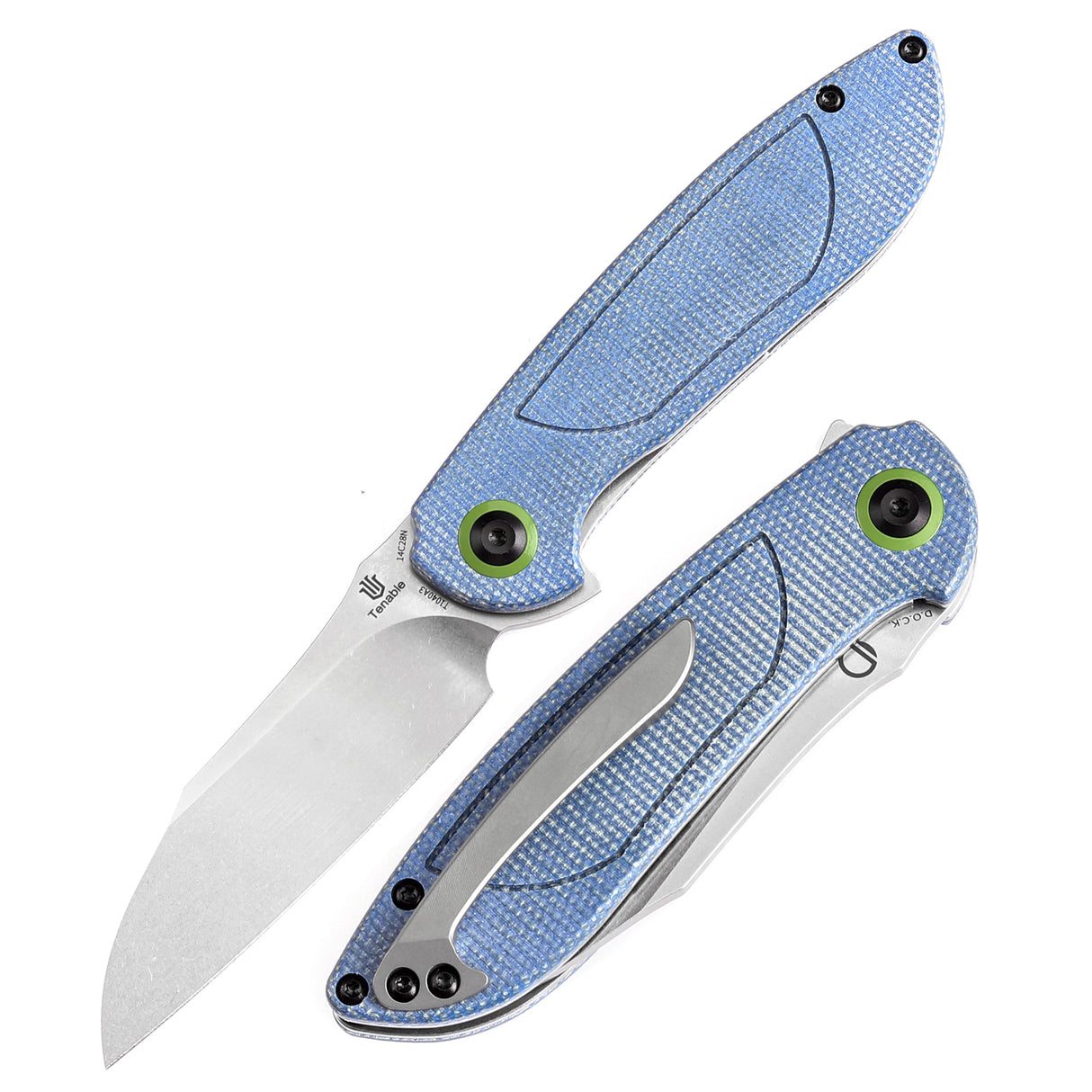 Tenable Prometheus Folding Knife Blue Micarta Handle(3.29'' Stonewashed 14C28N Blade)D.O.C.K. Design-T1040A3