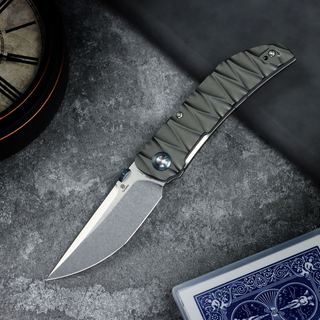 Tenable Tarkin Liner Knife | 3.4" Stonewashed Nitro-V Blade | Gray Aluminum with Faceted Wave Texture Handle | Matthew Christensen Design | B1078A1