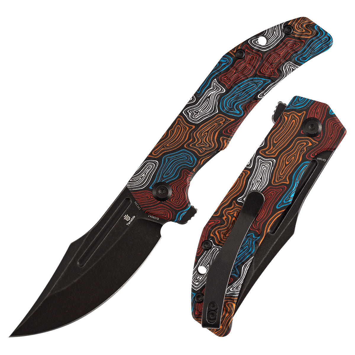 Tenable Orion Liner Lock | Multi-color Topo G-mascus Handle | Blackwashed 14C28N | JB Stout Design | B1089A7