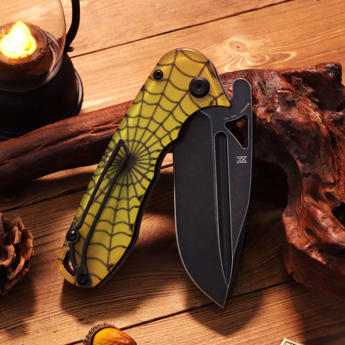 Tenable Bömbur Halloween Limited Edition Folding Knife | 3.53" Blackwash D2 Blade | PC with Yellow Spiderweb Pattern Handle | Midgards Messer Design - T1054A9