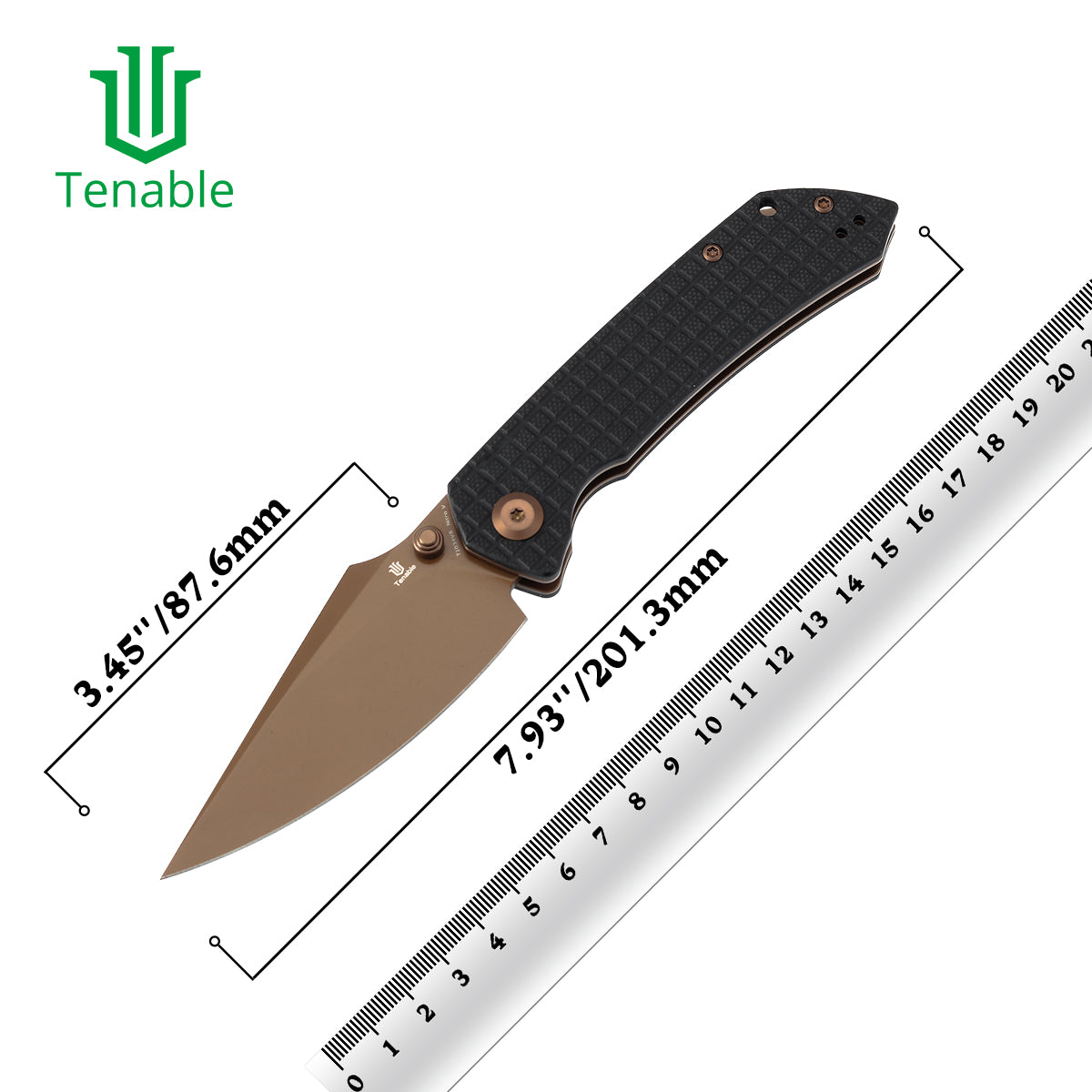 Tenable Fenrir Cross Bar Lock Folding Knife| Black G10 with Frag Pattern| 3.49" Rose Gold Coated Nitro-V Blade | Sparrow Knife Design | T1034V8