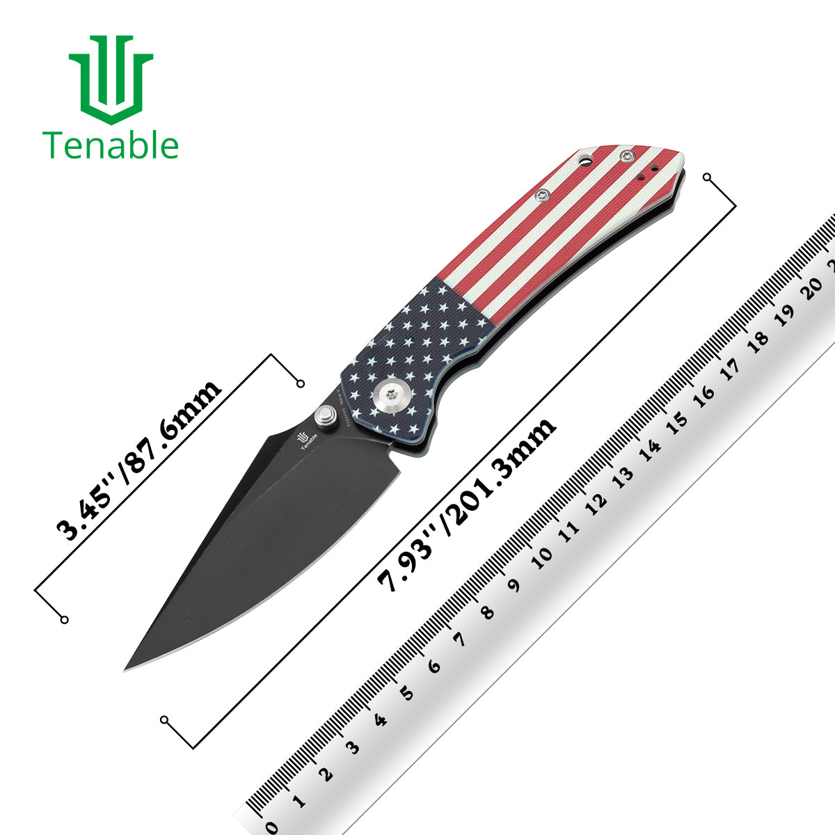 Tenable Fenrir Cross Bar Lock | Jade G10 with American Flag Handle | 3.49" Blackwashed Nitro-V Blade | Sparrow Knife Design | T1034V9