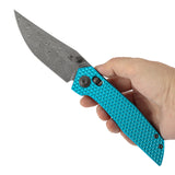 Tenable Deadite Cross Bar Lock Knife | 3.52" Water Ripple Damascus Blade | Light Blue Anodized Aluminum Handle | TuffKnives Design - B1081V1