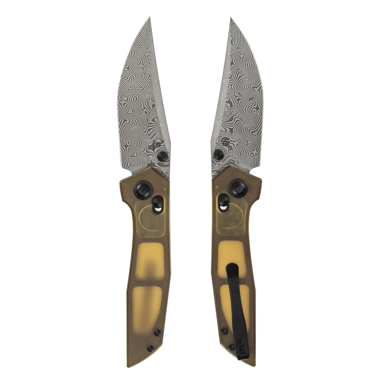 Tenable Deadite Cross Bar Lock Knife | 3.52" Water Ripple Damascus Blade | Amber PEI Handle | TuffKnives Design - B1081V4