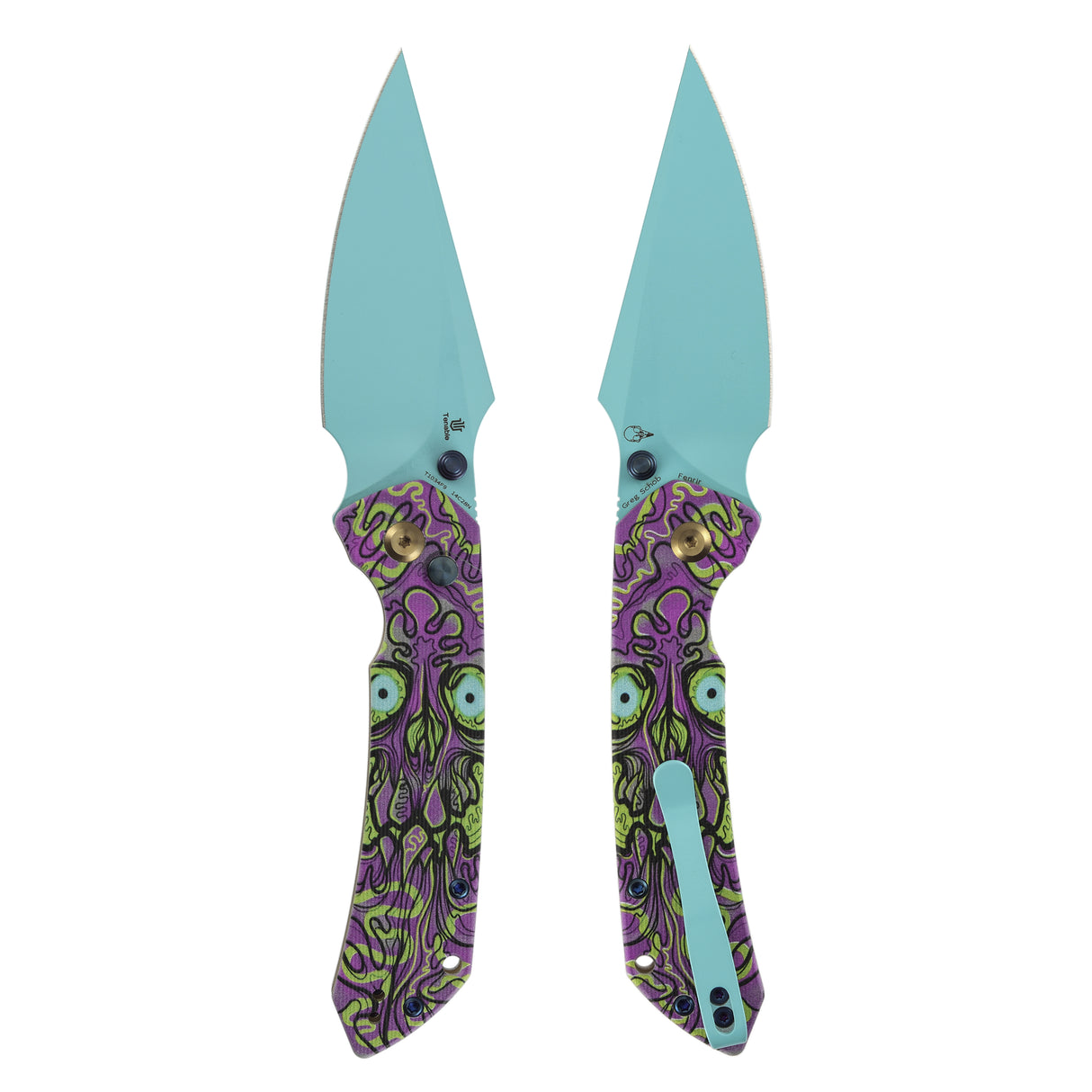 Fenrir Button Lock Knife | Jade G10 with Purple Undead Print Handle | 3.45" Blue Coated 14C28N Blade| Sparrow Knife Design | T1034F9