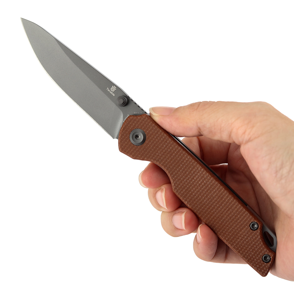 Tenable Mini Warrior Liner Lock Knife | 2.9" Gray TiCn Coated Nitro-V  Blade | Brown Micarta Handle | Kim Ning Design - B2005A3