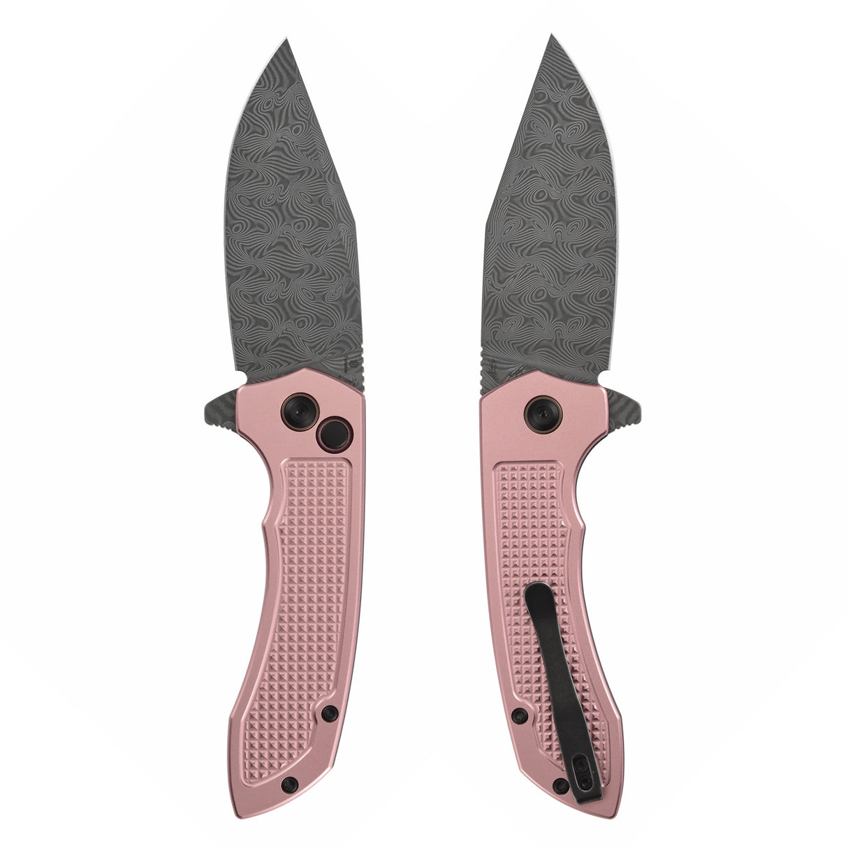 Christmas | Tenable Entity - Button Lock - 3.52'' Water Ripple Damascus - Rose Gold Aluminum with Checkered Texture -Nalu Knives - B1036F4