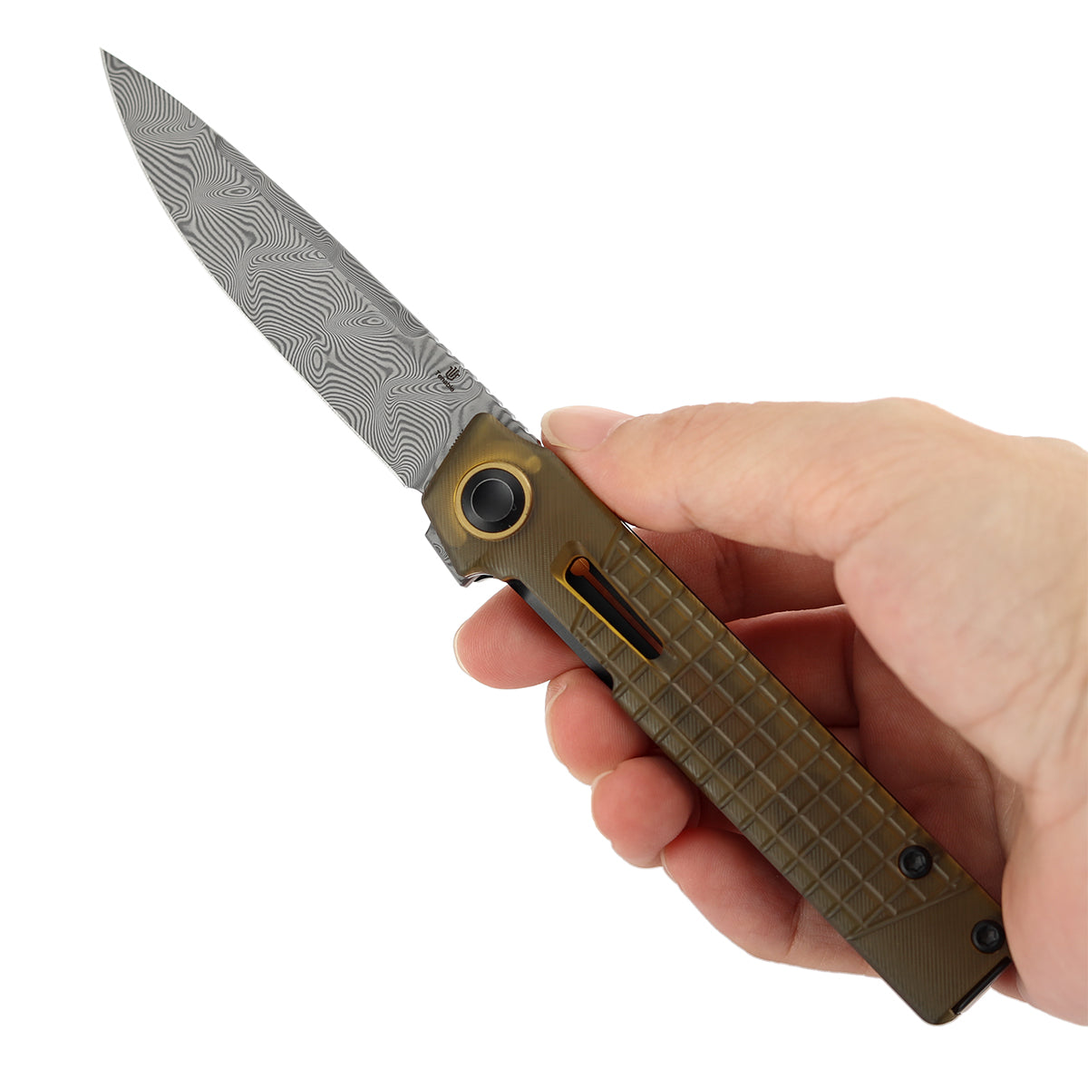 Tenable Kitpu Folding Knife | 2.9'' Water Ripple Damascus Blade | Amber PEI/Ultem with Frag Pattern Handle | Jonathan Styles Design - B2123A5