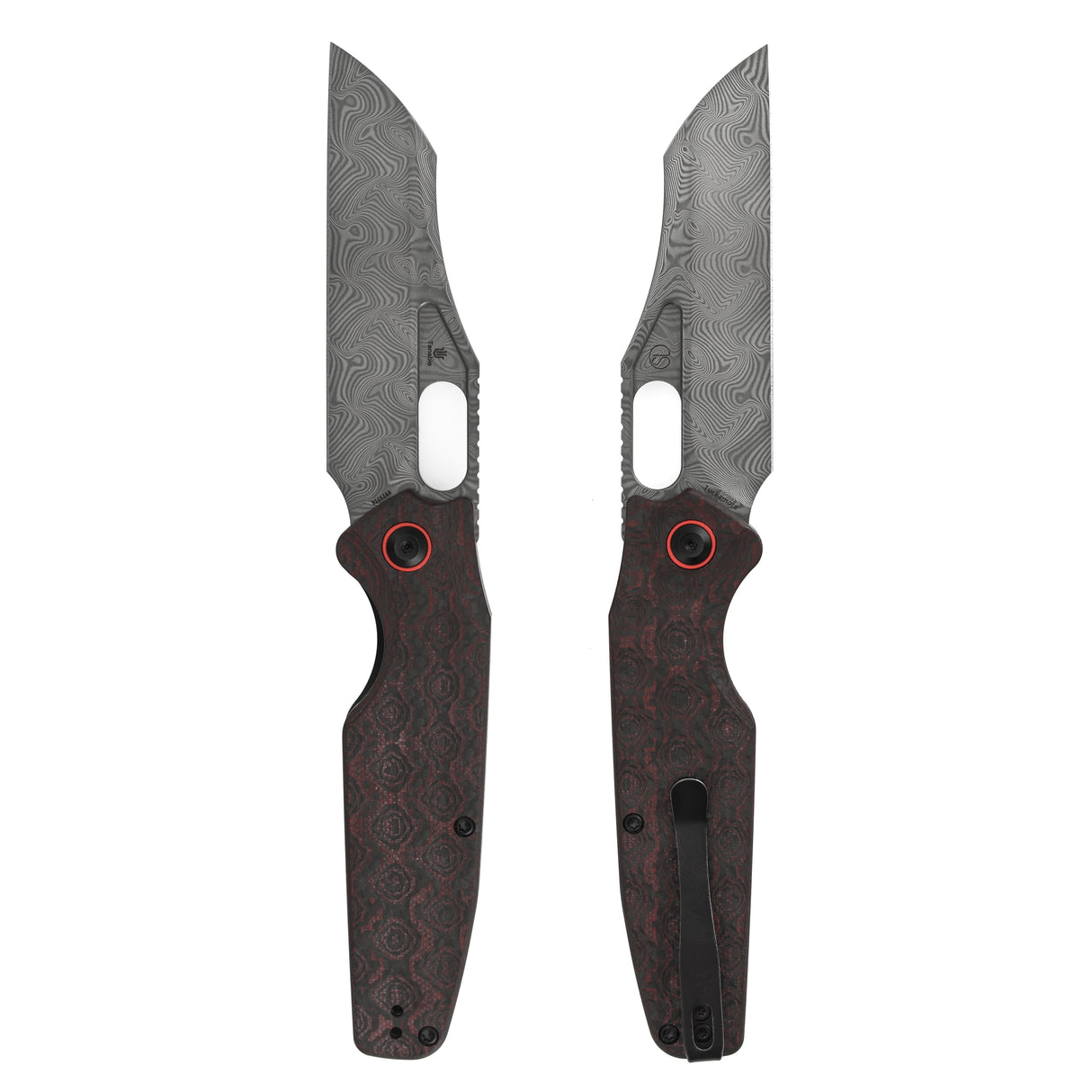 Tenable Tuckamore Folding Knife | 3.54" Water Ripple Damascus | Red & Black Rose Pattern Carbon Fiber | Jonathan Styles Design - B1052A4