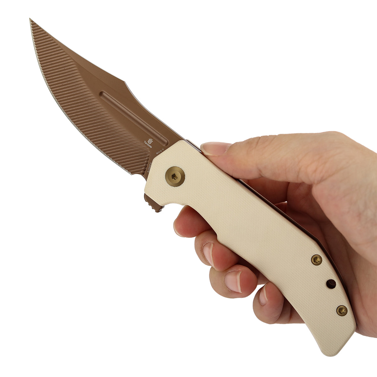 Tenable Orion Flipper Folding Knife | Ivory White G10 Handle | 3.07" Rose Gold Nitro V with CNC Milling Blade | JB Stout Design | B1089C5