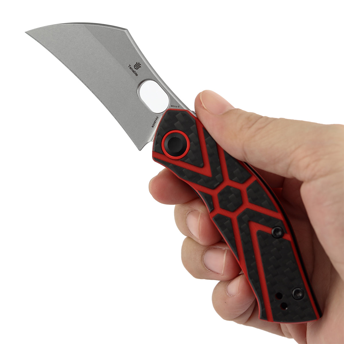 Pre-Order ：Ships by Aug. 10 | Tenable Osprey Folding Knife | 2.22" Stonewashed Nitro-V | Twill Carbon Fiber & Red G10 Handle | Triple Stripe Knives Design - B2087A3