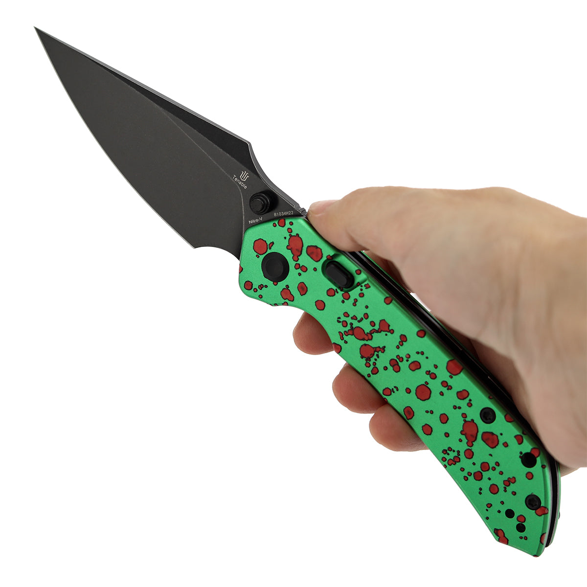 Tenable Fenrir Top Liner Lock Folding Knife| 3.4" Blackwash Nitro-V Blade |Green Aluminum with Zombie Blood Handle | Sparrow Knife Design | B1034H22