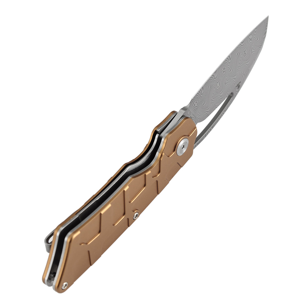Tenable Goblin L Folding Knife | 3.08" Water Ripple Damascus Blade |Bronze Anodized Aluminum with Amphibian-inspired Geometric Texture Handle | Marshall Noble Design | B3016A2