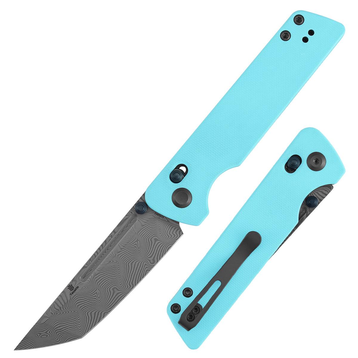 Tenable Anomaly Cross Bar Lock Knife | 3.14“ Damascus Blade | Blue G10 Handle | Pinkerton Knives Design | B2038V3