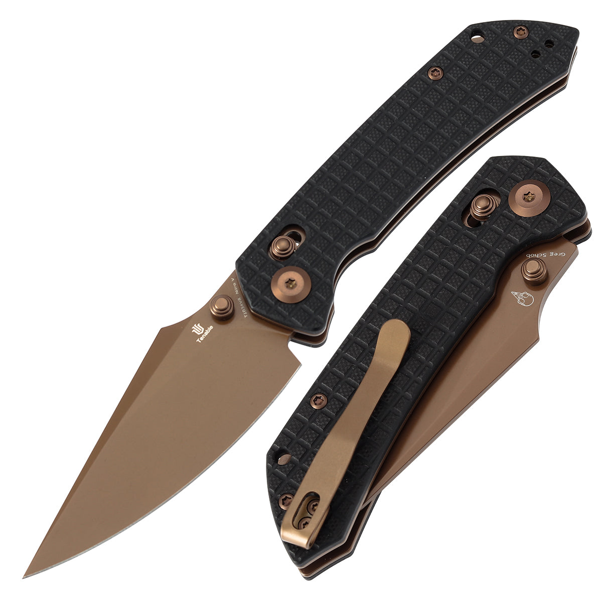 Tenable Fenrir Cross Bar Lock Folding Knife| Black G10 with Frag Pattern| 3.49" Rose Gold Coated Nitro-V Blade | Sparrow Knife Design | T1034V8