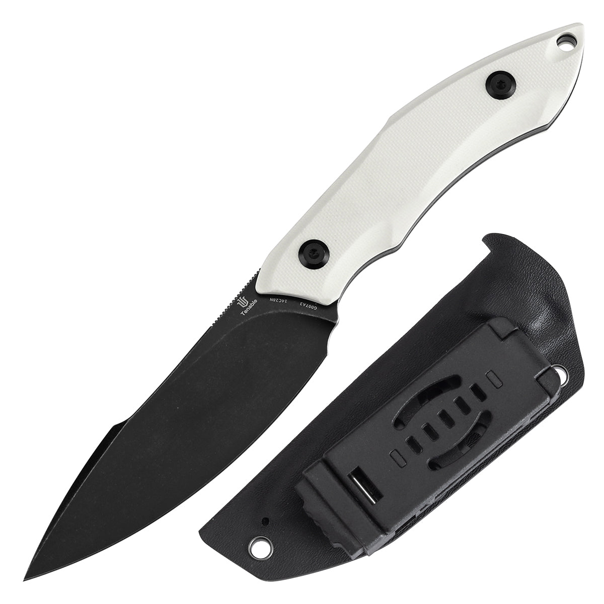 Tenable Luccio Fixed Blade Knife with White G10 Handle (3.81" Blackwash 14C28N Blade) - Bolt Vision Design - G007A3