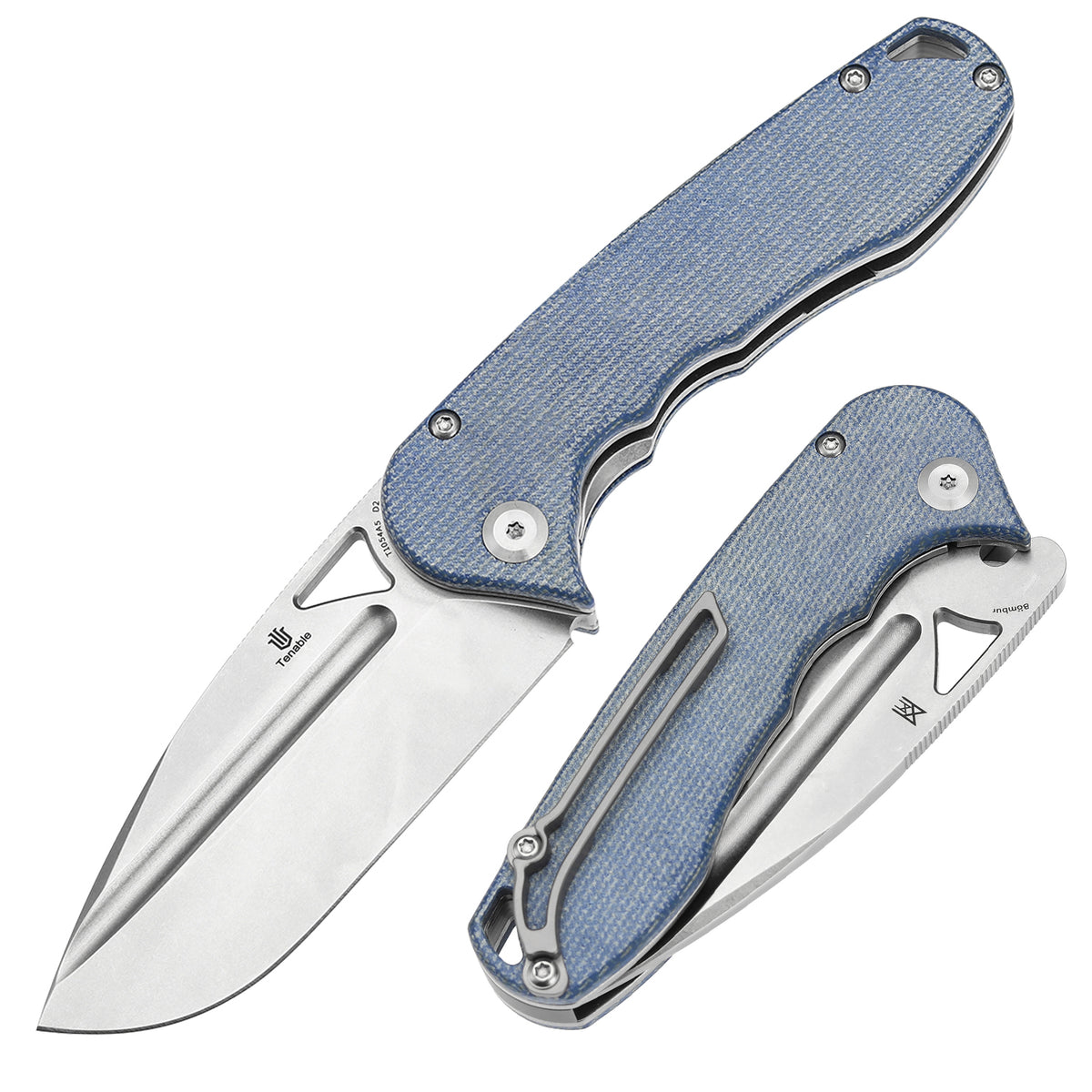Tenable Bömbur Folding Knife Blue Micarta Handle (3.53''  Stonewashed D2 Blade) Midgards Messer Design--T1054A5