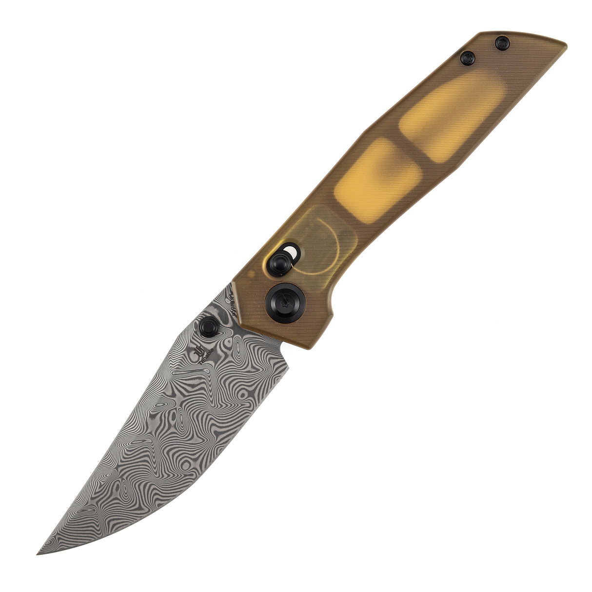 Tenable Deadite Cross Bar Lock Knife | 3.52" Water Ripple Damascus Blade | Amber PEI Handle | TuffKnives Design - B1081V4