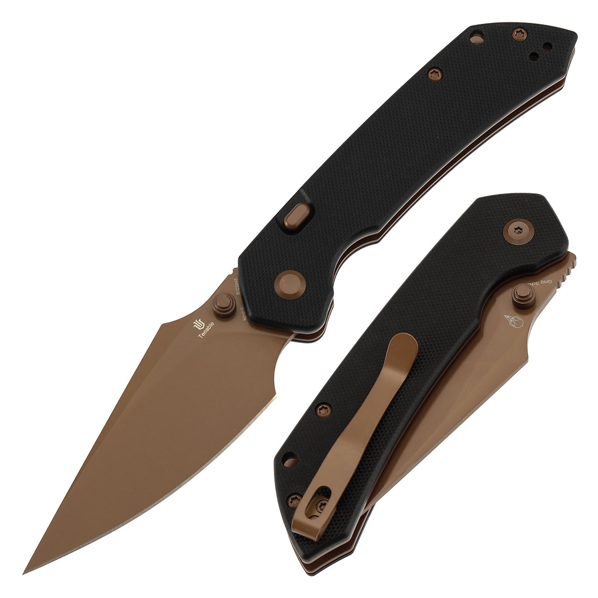 Available on TikTok - Tenable Fenrir Top Liner Lock Folding Knife| Black G10 Handle | 3.48“ Rose Gold Coated Nitro-V Blade | Sparrow Knife Design | B1034H3