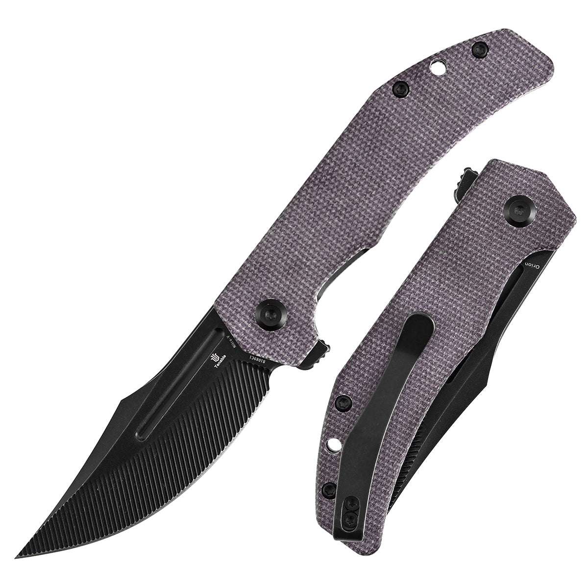 Tenable Orion Flipper Folding Knife | Purple Micarta Handle | 3.07" Blackwash Nitro V with CNC Milling Blade | JB Stout Design | B1089C1