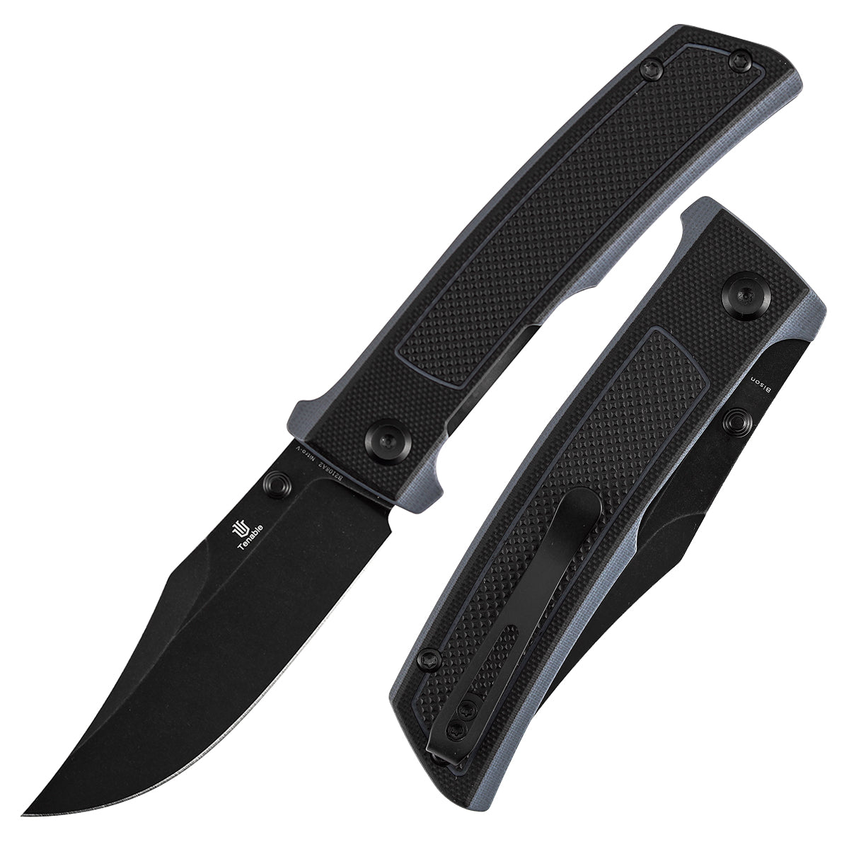 Tenable Bison Folding Knife | 3.24'' Blackwash Nitro V Blade | Black and Gray G10 with Frag Pattern Handle | Ray Laconico Knives Design | B2108A2