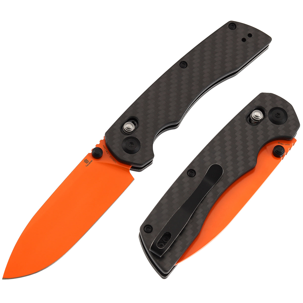 Tenable Kryo Cross Bar Twill Carbon Fiber+G10 Handle | 3.58‘’ Orange Coated 14C28N Blade | Kim Ning Design-T1001V12
