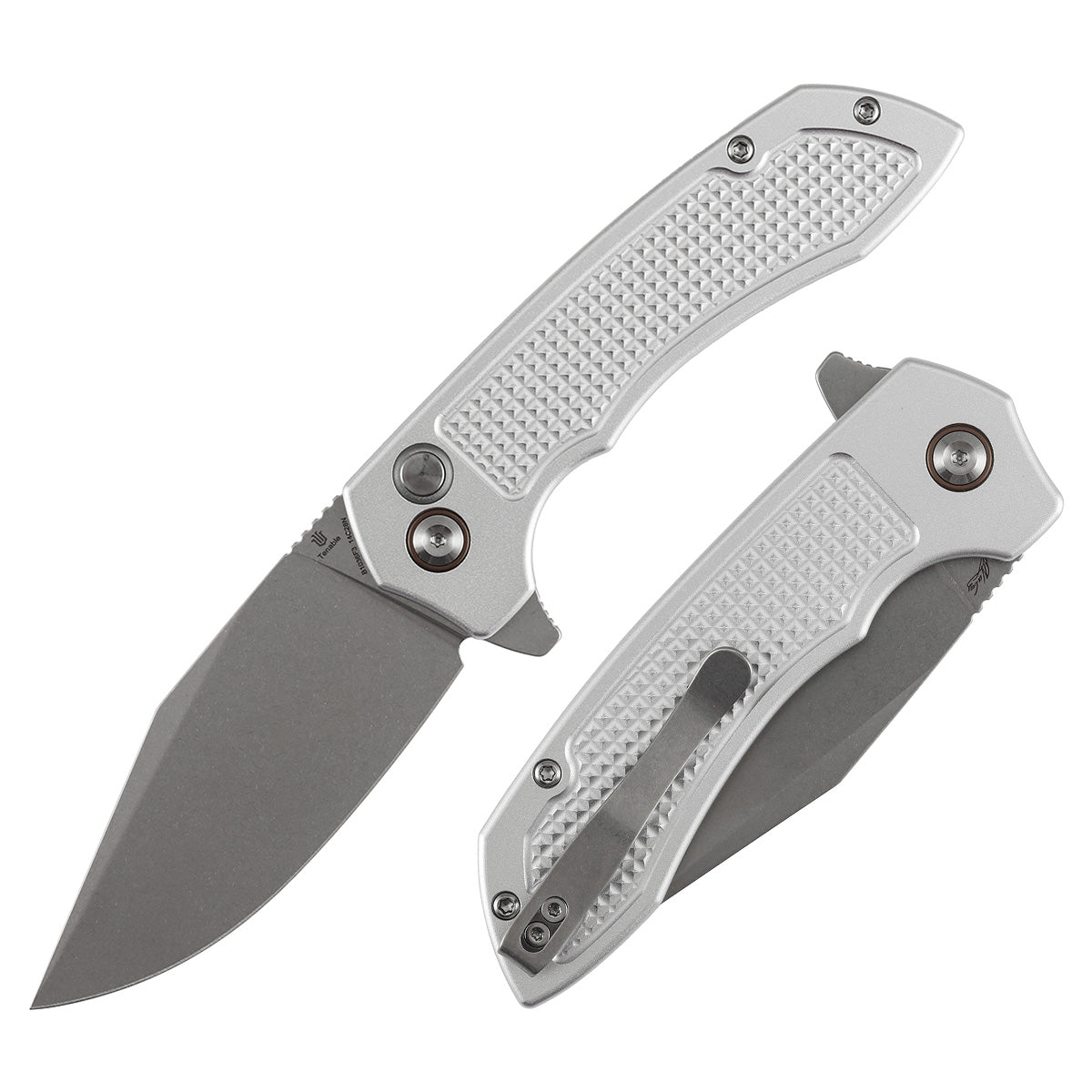 Tenable Entity - Button Lock - 3.52'' Stonewashed 14C28N - Silver Aluminum with Checkered Texture - Nalu Knives - B1036F3