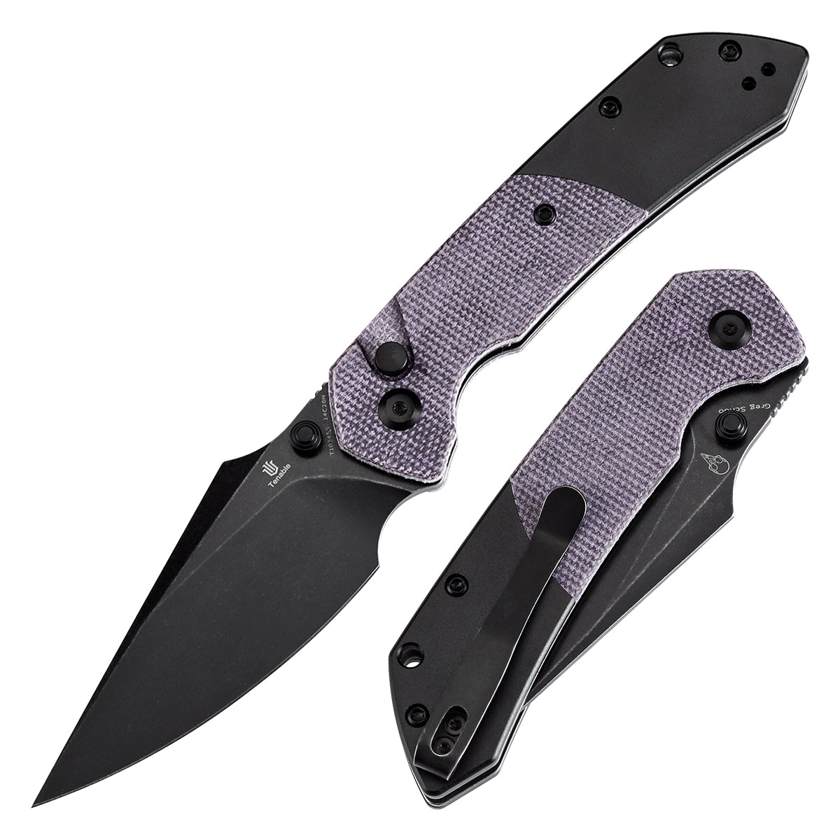 Tenable Button Lock Fenrir Folding Knife Purple Micarta & Blackwash Aluminum Handle (3.45" Blackwash 14C28N Blade) Sparrow Knife Design--T1034S5
