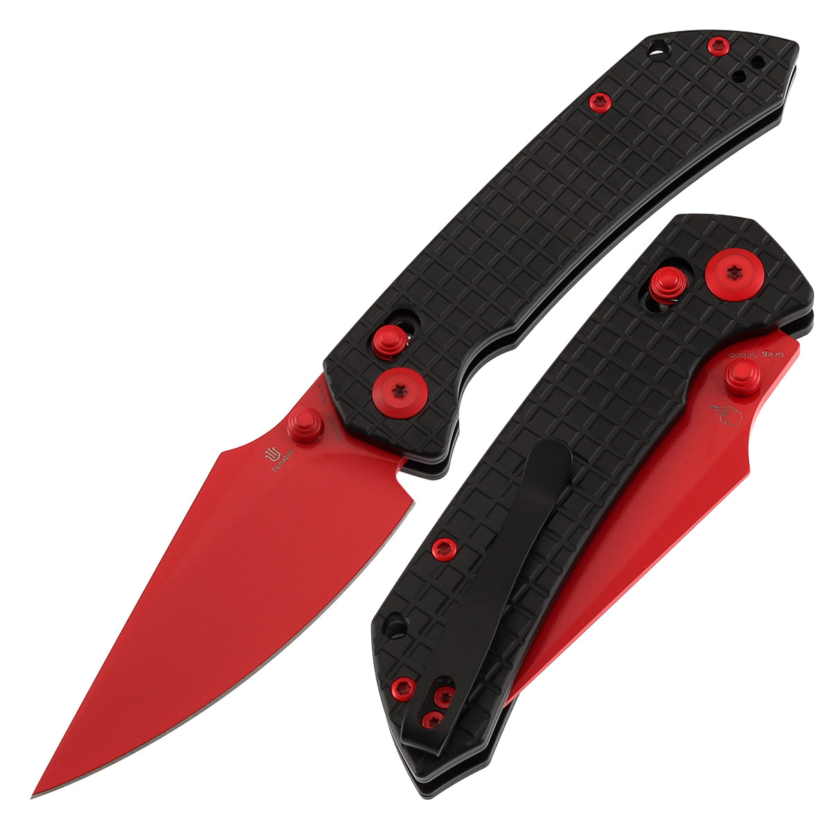 Tenable Fenrir Cross Bar Lock Folding Knife| Blcak Aluminum with Frag Pattern | Red Coated Nitro-V Blade | T1034V10