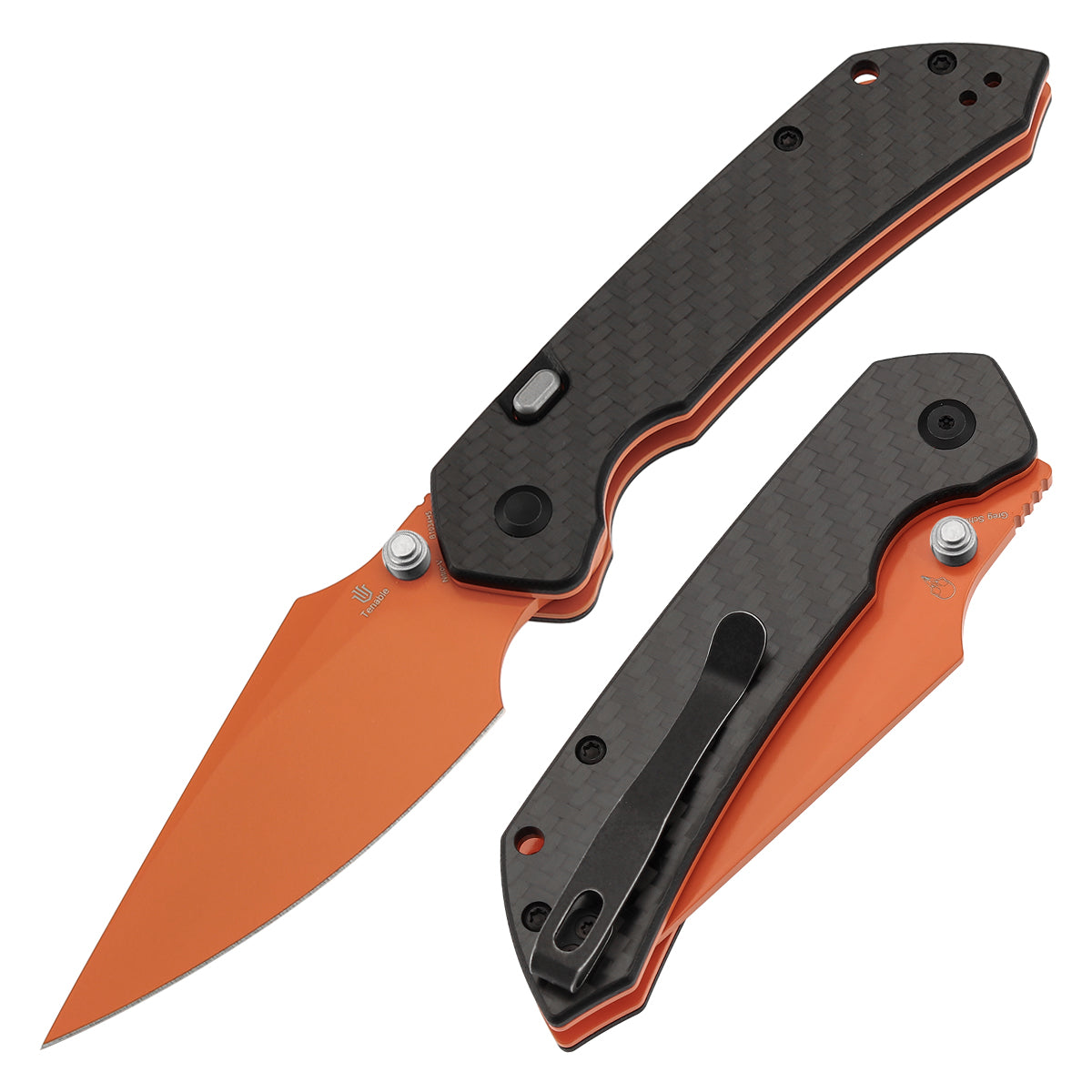 Tenable Fenrir Top Liner Lock Folding Knife|  Twill Carbon Fiber Handle | 3.48“  Orange Coated Nitro V Blade | Sparrow Knife Design | B1034H5 (Stainless Steel Thumb Stud)