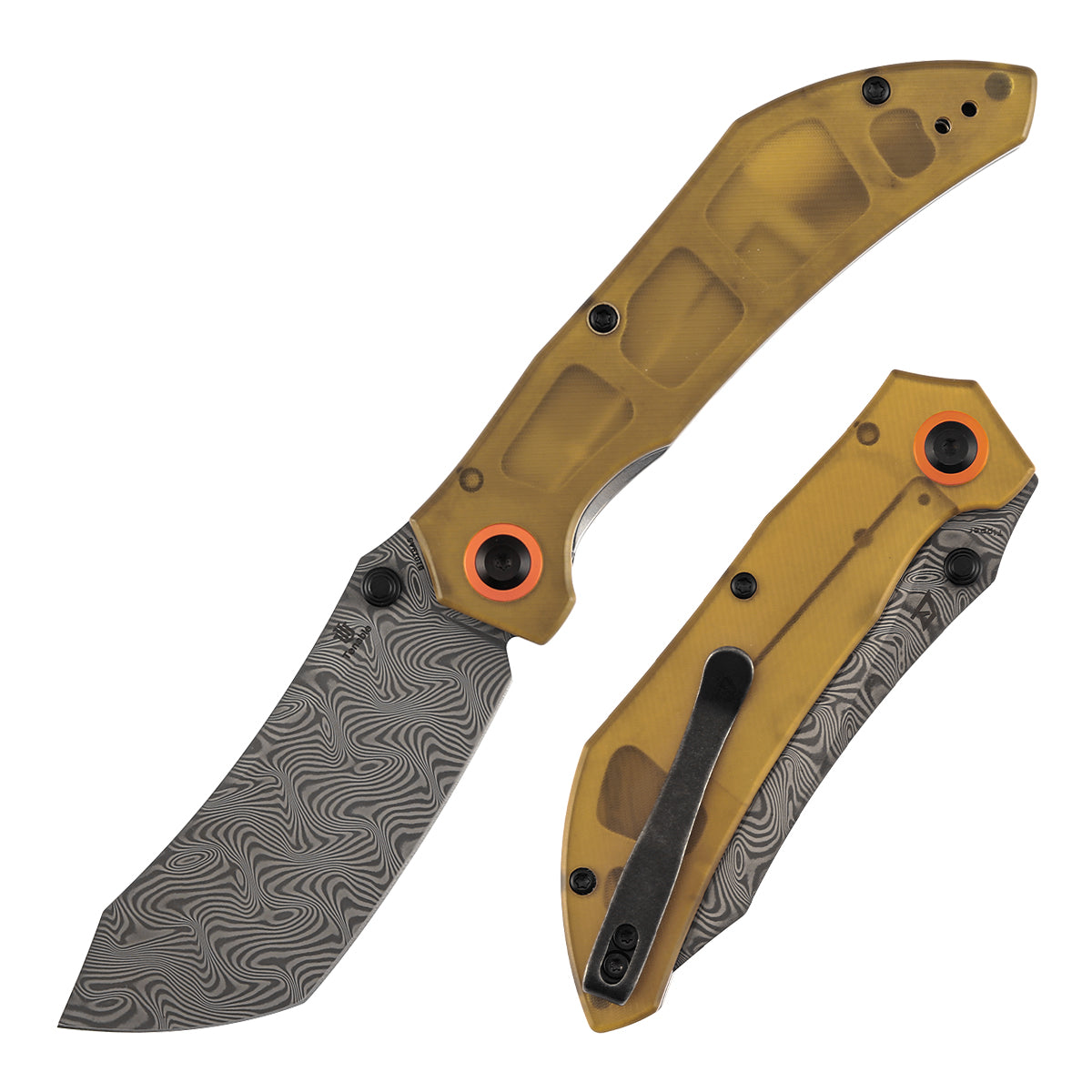 Tenable Tipper Folding Knife | 3.39'' Damascus Blade | Amber PEI