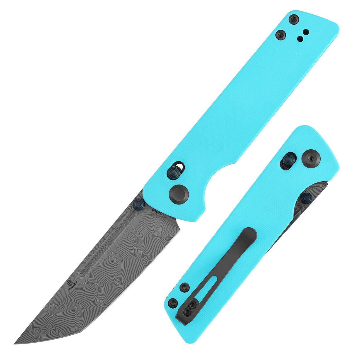 Tenable Anomaly Cross Bar Lock Knife | 3.14“ Damascus Blade | Blue G10 Handle | Pinkerton Knives Design | B2038V3