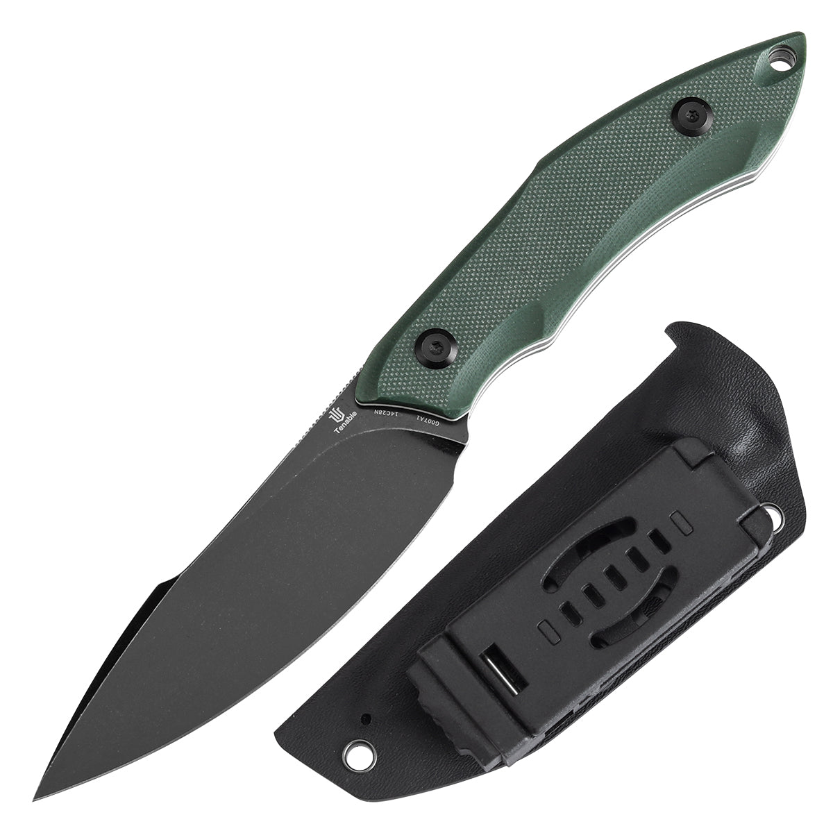 Tenable Luccio Fixed Blade Knife with Green G10 Handle (3.81" Blackwash 14C28N Blade) - Bolt Vision Design - G007A1