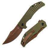 Tenable Orion Flipper Folding Knife |  3.07" Rose Gold Nitro V with CNC Milling Blade | Green Aluminum Handle | JB Stout Design | B1089C2