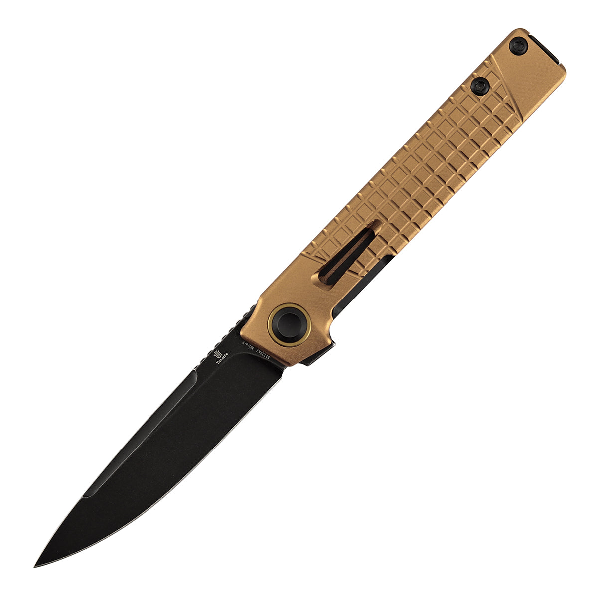 Tenable Kitpu Folding Knife | 2.9'' Blackwash Nitro-V Blade | Bronze Aluminum with Frag Pattern Handle | Jonathan Styles Design - B2123A2