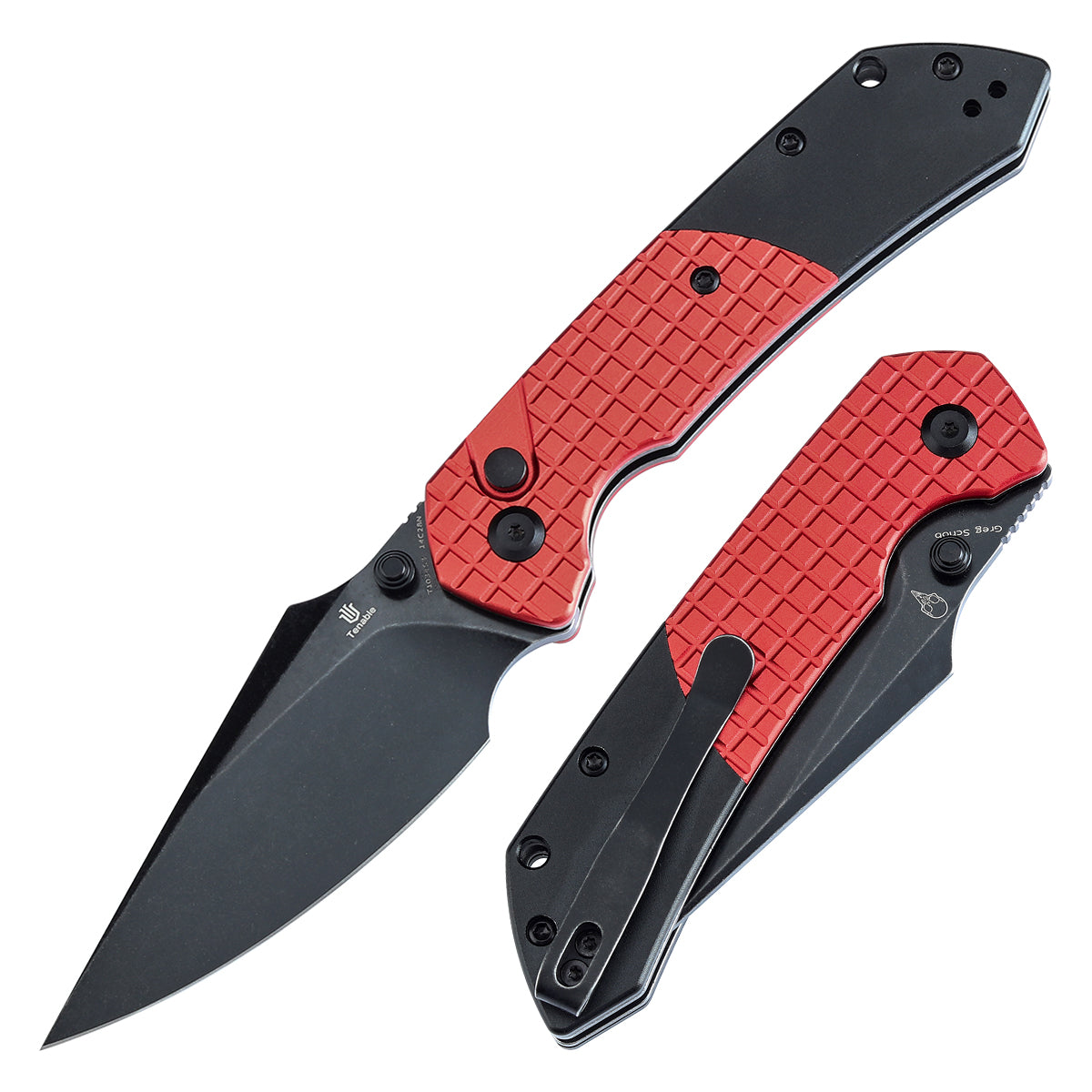 Tenable Button Lock Fenrir Folding Knife-Best Gift for Christmas Dark Red Aluminum with Frag Pattern & Black Handle (3.45" Blackwash 14C28N Blade) Sparrow Knife Design--T1034S3