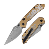 Tenable Fenrir Halloween Limited Edition Folding Knife | Top Liner Lock | 3.4" Water Ripple Damascus Blade | Golden Anodized Aluminum Spooky Gothic Pattern Handle | Sparrow Knife Design - B1034H24