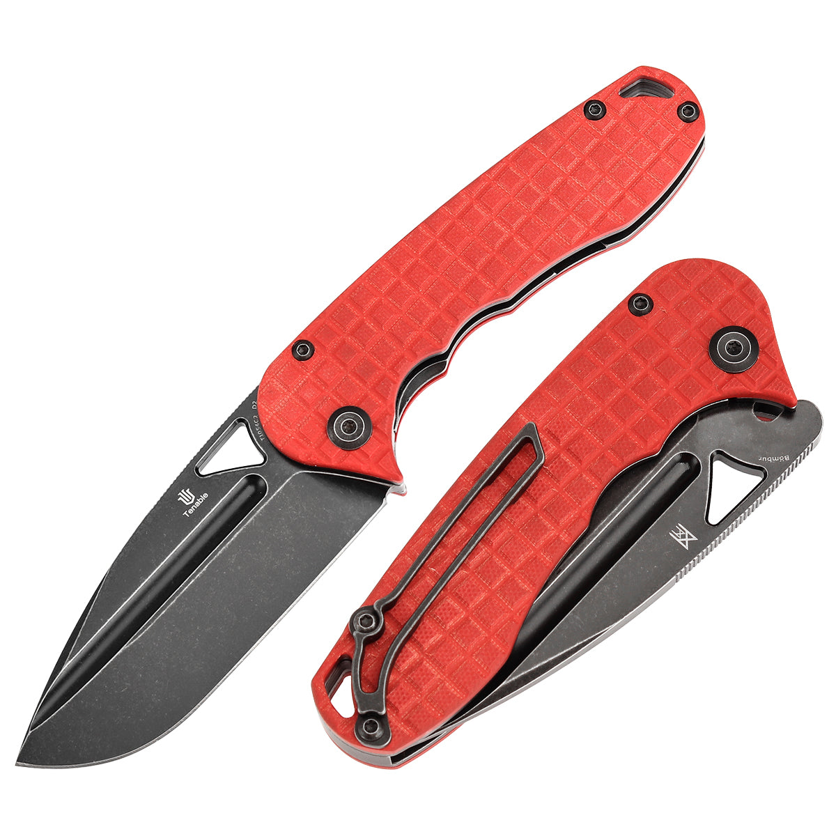 Tenable Bömbur Folding Knife Dark  Red G10 with Frag Pattern Handle (3.53'' Blackwash D2 Blade) Midgards Messer Design--T1054C2