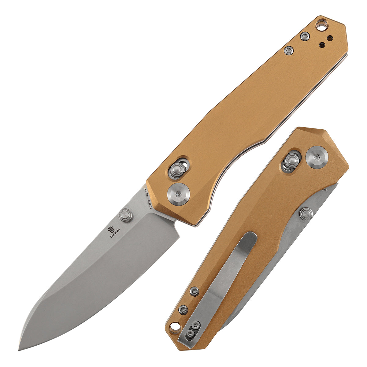 Tenable Beaver Cross Bar Lock Folding Knife Bronze Aluminum Handle (3.44'' Stonewashed Nitro-V Blade) Kim Ning Design-T1105V8