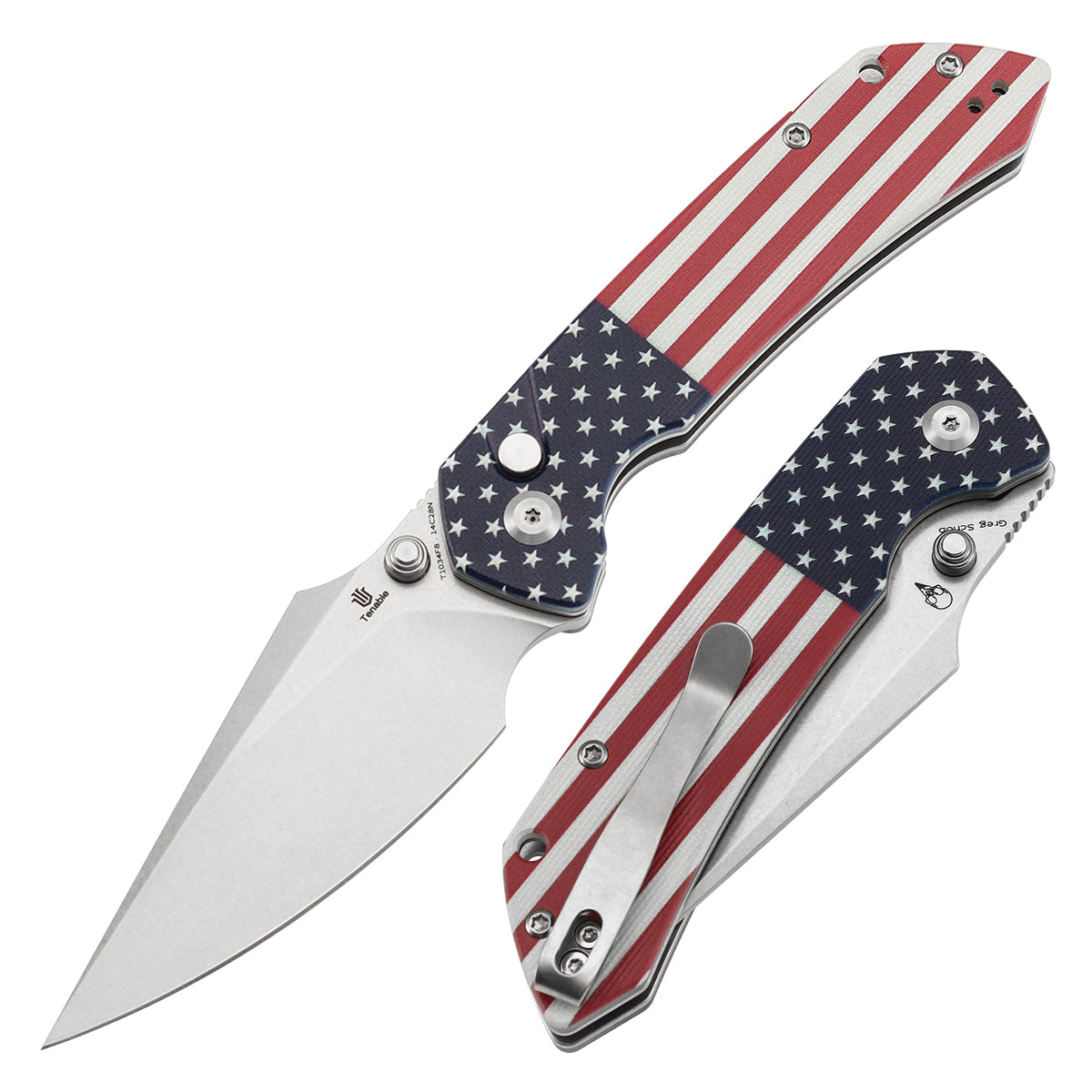 Tenable Fenrir Button Lock Knife | Jade G10 with American Flag Handle | 3.45" Stonewashed 14C28N | Sparrow Knife Design | T1034F8