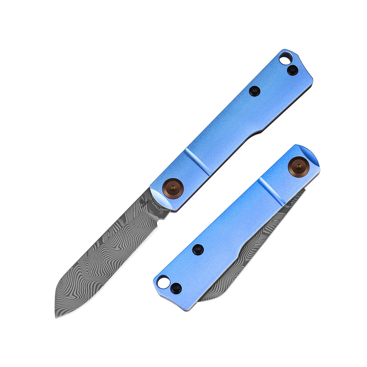 Tenable Riflestock Lock Back Folding knife | 2.34" Water Ripple Damascus Blade | Light Blue Anodized Aluminum Handle | Nick Swan Knives Design - B2131S1