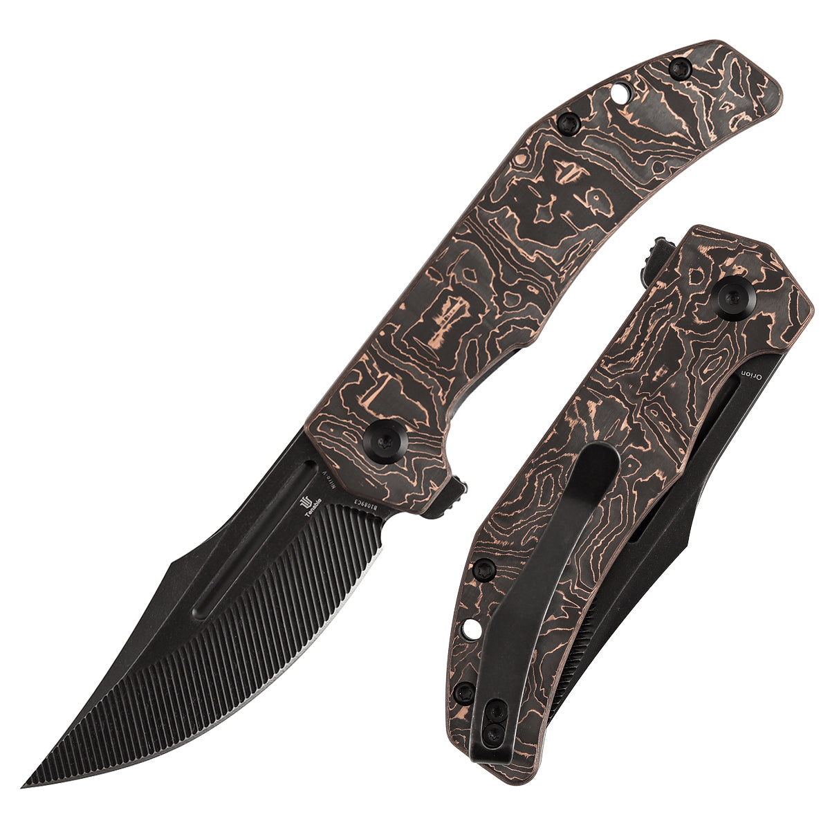 Orion Flipper Folding Knife | Copper Carbon Fiber Handle | 3.07" Blackwash Nitro V with CNC Milling Blade | JB Stout Design | B1089C3